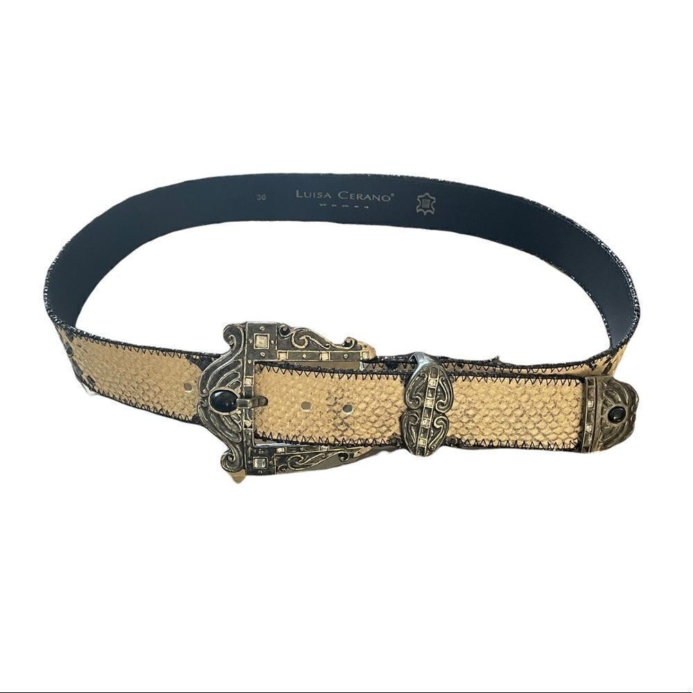 LUISA CERANO Snakeskin Leather Belt Made In Italy Cream Black 36